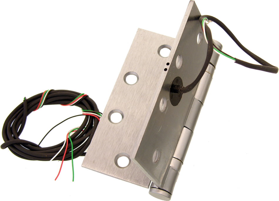 Electrified Hinge, 4.5in x 4.5in (4545), Wires 2/20 Gauge + 6/28 Gauge, 5-Knuckle, Ball Bearing, Standard Weight, Non-Ferrous Brass Base, Non Fire Rated, 626/US26D Satin Chrome