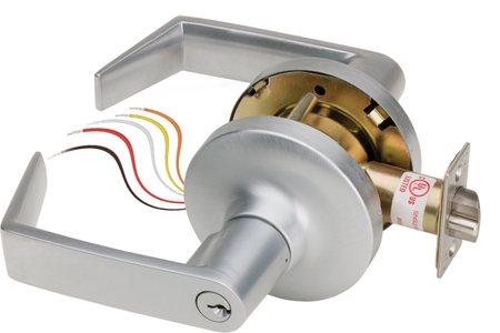 Electrified Cylindrical Lockset, FSE Fail Secure, Dual Voltage 12/24VDC, Clutched Eclipse Lever, Schlage C 6-Pin Keyed Different, SPDT Output, ANSI Strike, Grade 1, Exterior Locked Only, Interior Free Egress, 626/US26D Satin Chrome