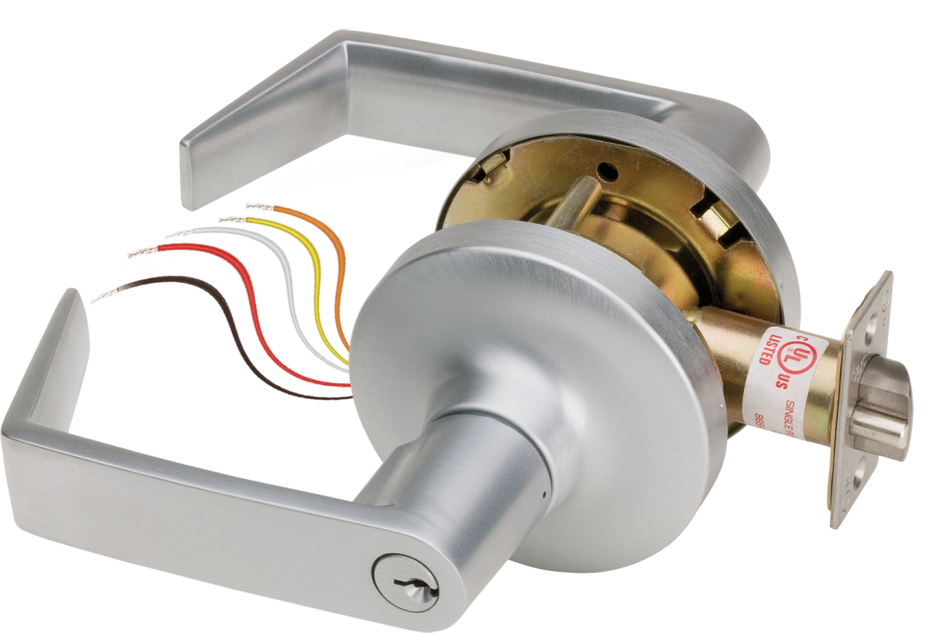 Electrified Cylindrical Lockset, FSE Fail Secure, Dual Voltage 12/24VDC, Clutched Eclipse Lever, Schlage C 6-Pin Keyed Different, SPDT Output, ANSI Strike, Grade 1, Exterior Locked Only, Interior Free Egress, 626/US26D Satin Chrome