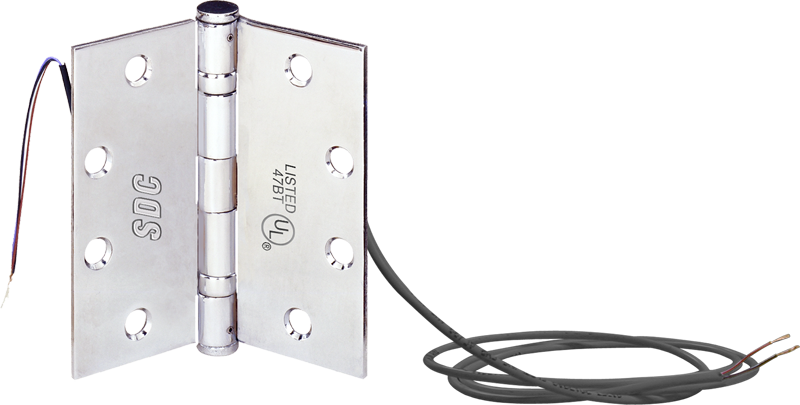 Electrified Power Transfer Hinge, 6 Wire 16 Amp Inrush, 2/18 AWG (Gauge) + 4/28 AWG (Gauge), 4.5in x 4.5in (4545), Door Position Status, 5ft Lead, 626/US26D Satin Chrome
