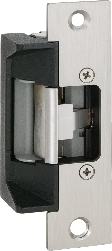 Electric Strike for 5/8in Latchbolt, Centerline Latch Entry, Low Profile 1-3/16in, 12/24VDC, FS Fail Safe / FSE Fail Secure, Latchbolt Position Status Standard, Faceplate 4-7/8in H x 1-1/4in W, 630/US32D Stainless Steel