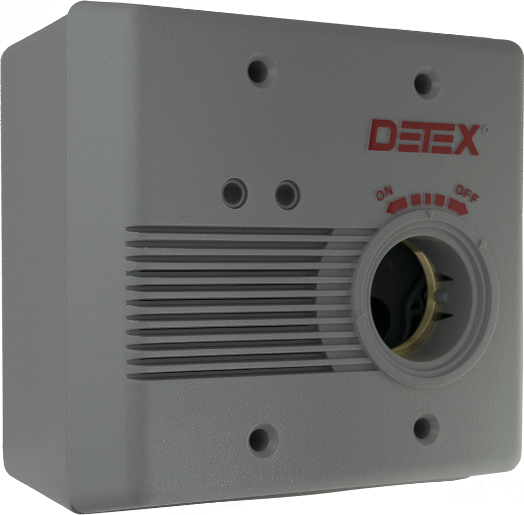 Gray Exit Alarm, Surface Wall Mount , 100DB, Hardwired 12/24VAC/VDC with Optional 9VDC Battery Backup, Warning Sign and Back Box Included, Door Mag Contact and Transformer not Included.