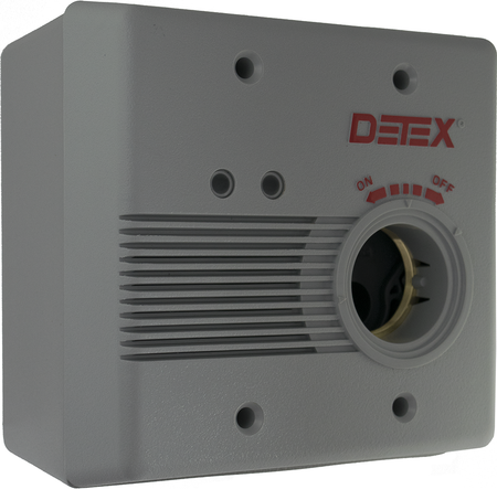 Gray Exit Alarm, Surface Wall Mount , 100DB, Hardwired 12/24VAC/VDC with Optional 9VDC Battery Backup, Warning Sign and Back Box Included, Door Mag Contact and Transformer not Included.