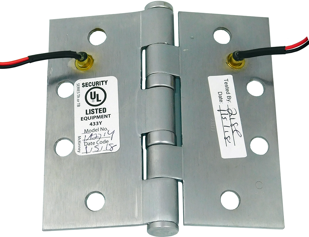Electrified QC-2, 2 Wire, 5-Knuckle Hinge, Standard Weight, Full Mortise, Oil Impregnated Bearing (TA), 4.5in x 4.5in (4545), Steel Base, 652/626/US26D Satin Chrome