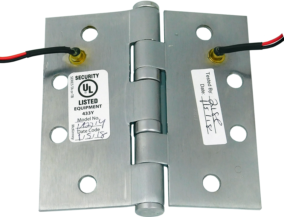 Electrified QC-2, 2 Wire, 5-Knuckle Hinge, Standard Weight, Full Mortise, Oil Impregnated Bearing (TA), 4.5in x 4.5in (4545), Steel Base, 652/626/US26D Satin Chrome