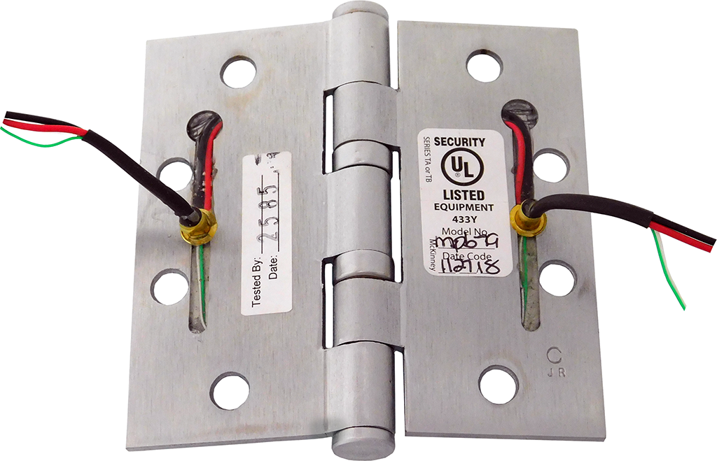 Electrified-CC4, 4 Wire, 5-Knuckle Hinge, Standard Weight, Full Mortise, Oil Impregnated Bearing (TA), 4.5in x 4.5in (4545), Steel Base, 652/626/US26D Satin Chrome