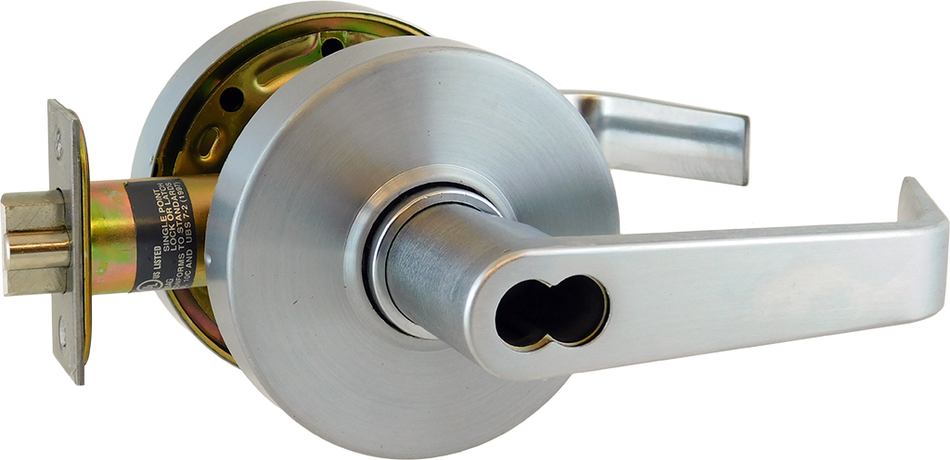 Grade 1, Electrified Low Energy (LE), Storeroom Bent Lever (Clutching), 11-30 VAC/VDC (12/24V), Request to Exit (REX), Electric Unlocked (EU) = Fail Secure (FSE), SFIC Prep, Less Core, 626/US26D Satin Chrome