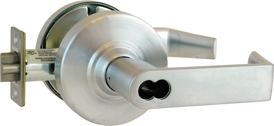 Grade 1, Schlage ND Storeroom, 24V Electric Unlock (EU), Fail Secure (FSE), Request to Exit (REX), Rhodes Lever, SFIC Prep, Less Core, 626/US26D Satin Chrome