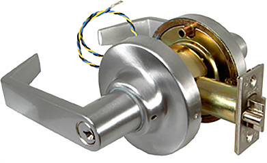 24VDC Electric Storeroom Clutched Lever Lockset, EU Electric Unlock, Fail-Secure, Marks C Keyway, 6 Pin, 2-3/4in Backset, ANSI Strike, Grade 1, 626/US26D Satin Chrome
