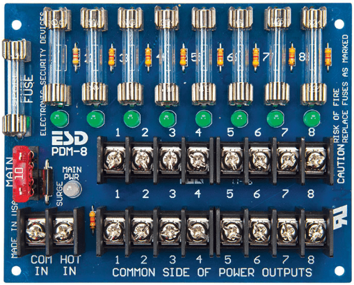 Power Distribution Board, 8 Glass Fused Output with 8 Relays, Fire Trigger, 1 Amp, 12/24VDC, 7 Amp Relay, UL