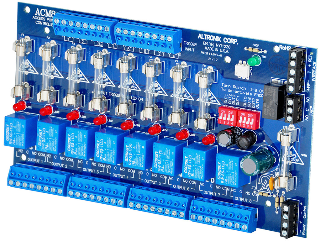 Access Power Controller Board Only, Output 12/24VAC/DC, (8) 2.5Amp Fused Relay Outputs, FAI Fire Alarm Interface, LED Visual Indicators