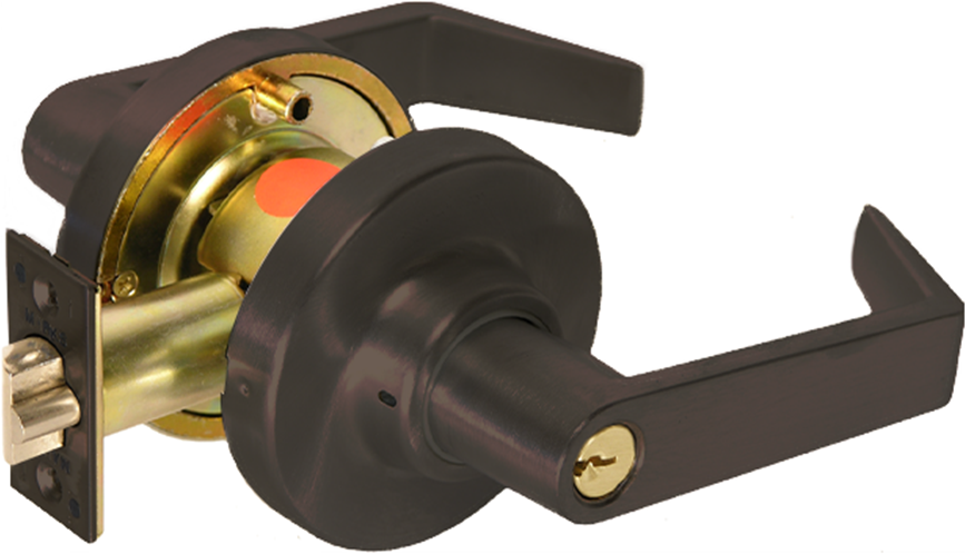 24VDC Electric Storeroom Clutched Lever Lockset, EU Electric Unlock, Fail-Secure, Marks C Keyway, 6 Pin, 2-3/4in Backset, ANSI Strike, Grade 1, 613/US10B Dark Bronze
