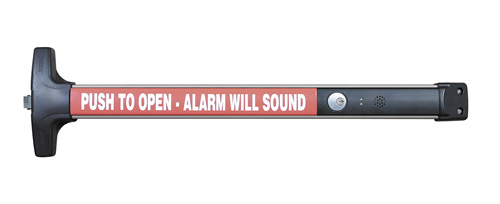 Weatherized Alarmed Rim Exit Device, with Cylinder Dogging, No Trim, 48in, 9VDC Battery Operated, 100DB Alarm, 628/US28 Satin Aluminum