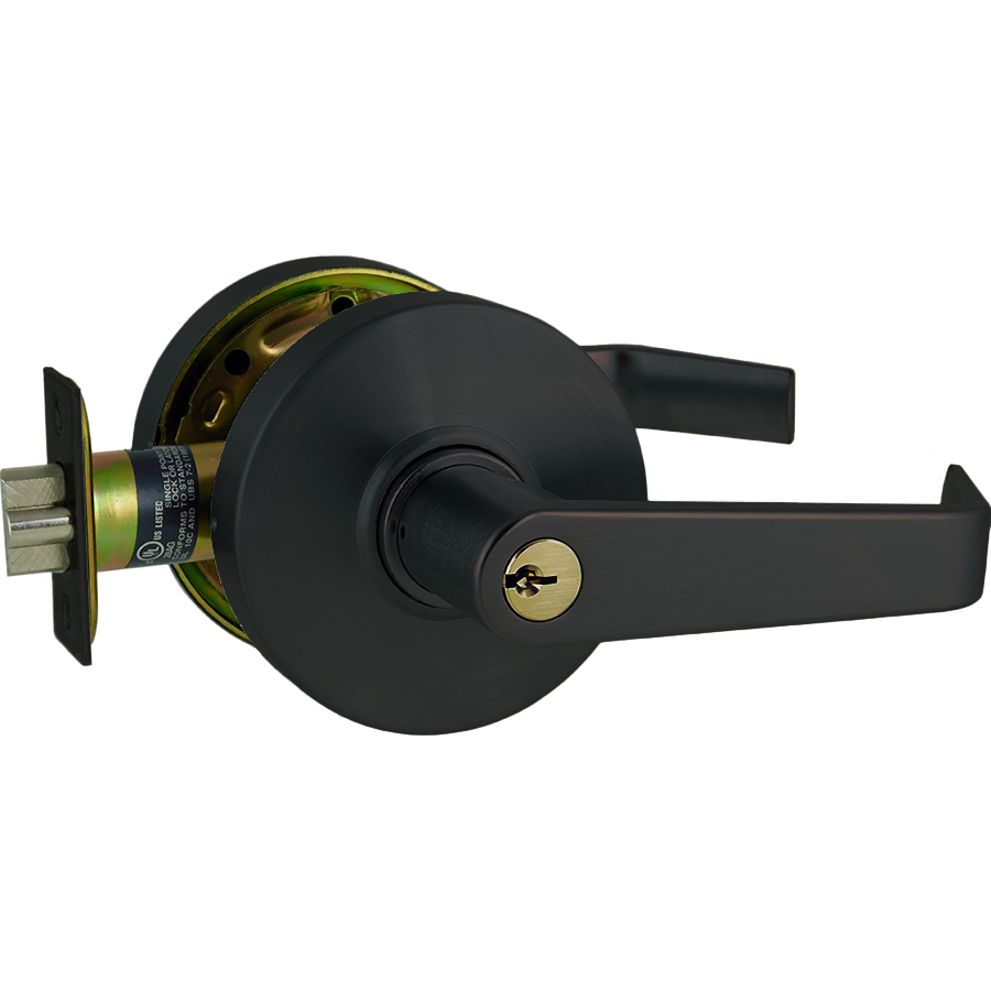 Grade 1, Electrified Low Energy (LE), Storeroom Bent Lever (Clutching), 11-30 VAC/VDC (12/24V), Request to Exit (REX), Electric Unlocked (EU) = Fail Secure (FSE), Schlage C Keyway, 613/US10B Oil Rubbed Bronze