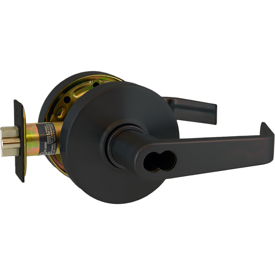 Grade 1, Electrified Low Energy (LE), Storeroom Bent Lever (Clutching), 11-30 VAC/VDC (12/24V), Request to Exit (REX), Electric Unlocked (EU) = Fail Secure (FSE), SFIC Prep, Less Core, 613/US10B Oil Rubbed Bronze