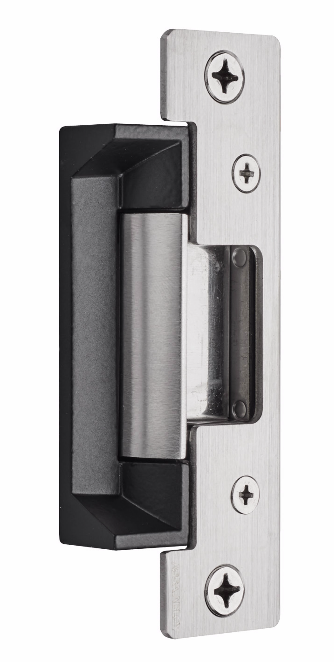 Electric Strike 12/24VDC, UL Fire Rated, Cylindrical Latches Max 5/8in Throw, 2 Faceplates, 501 and 501A (4-7/8in x 1-1/4in), 630/US32D Stainless Steel