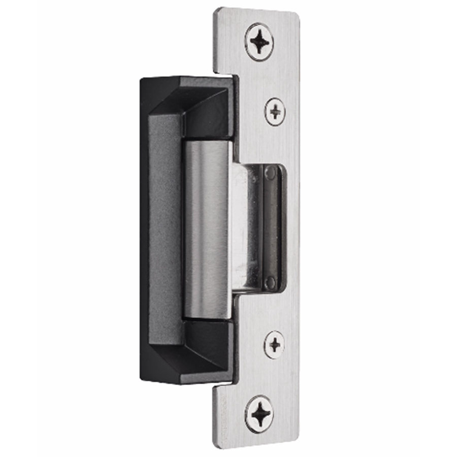 Electric Strike 12/24VDC, UL Fire Rated, Cylindrical Latches Max 5/8in Throw, 2 Faceplates, 501 and 501A (4-7/8in x 1-1/4in) with Latchbolt Monitor, 630/US32D Stainless Steel