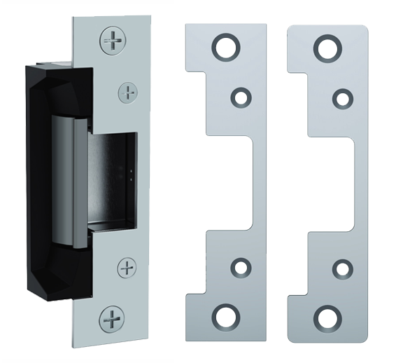 Electric Strike 12/24VDC, Cylindrical Latches Max 3/4in Throw, 2 Faceplates, 501 and 501A (4-7/8in x 1-1/4in), 630/US32D Stainless Steel