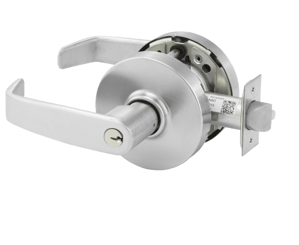 10X-Line Electrified L Lever, RX Request to Exit, 12/24VDC, Fail Safe/Fail Secure Selectable, Grade 1, LFIC with Disposable Construction Core, ANSI Strike, 2-3/4in Backset, 626/US26D Satin Chrome