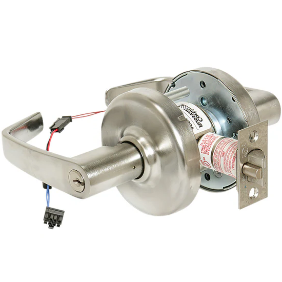 Grade 1 Electrified Newport Cylindrical Lever, FS/FSE, Field Selectable, 12-24VDC, L4 6-Pin 0-Bit, 2-3/4in Backset, ANSI Strike SA114, 626/US26D Satin Chrome