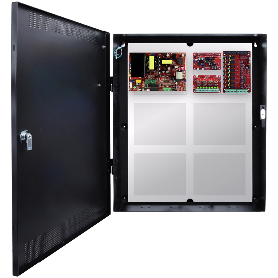 Up to 8-Doors, E4 Enclosure, Mercury-Compatible Backplate, 150W Dual Voltage Power Supply, 8 Output Lock Module - Fused, 8 Output Auxiliary Distribution Module - Class 2 Power Limited