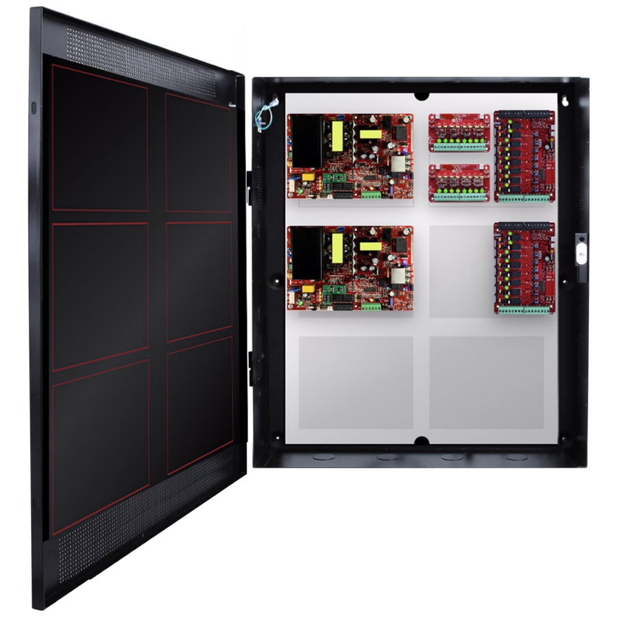 Up to 16 Doors, E4 Enclosure, 2x Mercury-Compatible Backplates, 150W and 250W Dual Voltage Power Supply, 2x 8 Output Lock Module - Fused, 2x 8 Output Auxiliary Distribution Module - Class 2 Power Limited