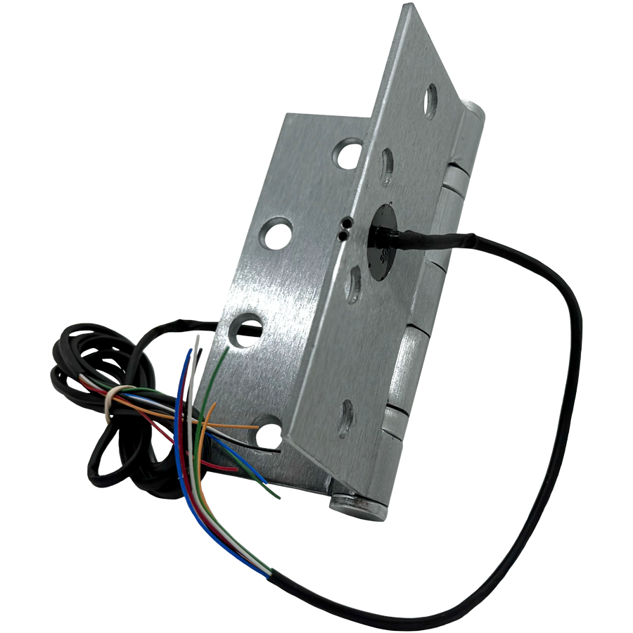 Electrified Hinge, 4.5in x 4.5in (4545), Wires 2/18 Gauge + 4/28 Gauge, 5-Knuckle, Ball Bearing, Standard Weight, 4ft Leads, Steel Base, Fire-Rated), 626/US26D Satin Chrome