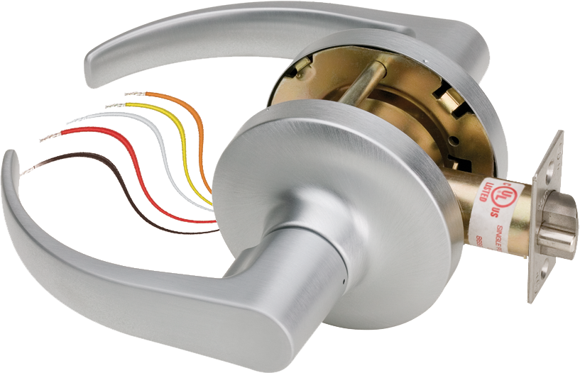 Electrified Cylindrical Lockset, 7-Pin SFIC Prep, FSE Fail Secure, Dual Voltage 12/24VDC, Clutched Galaxy Lever, SPDT, Output, ANSI Strike, Grade 1, Exterior Locked Only, Interior Free Egress, 626/US26D Satin Chrome