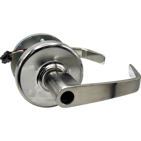 Grade 1 Electrified Newport Cylindrical Lever, FS/FSE, Field Selectable, 12-24VDC, M92 - Request to Exit (REX), Less CR2000-34-626 Cylinder, 2-3/4in Backset, ANSI Strike SA114, 626/US26D Satin Chrome