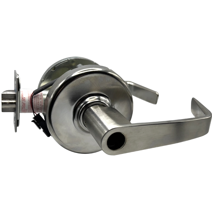Grade 1 Electrified Newport Cylindrical Lever, FS/FSE, Field Selectable, 12-24VDC, Less CR2000-34-626 Cylinder, 2-3/4in Backset, ANSI Strike SA114, 626/US26D Satin Chrome