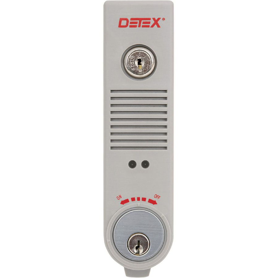 Gray Surface Exit Alarm with Mortise Cylinder, Door or Wall Mount, 100DB, 9VDC Battery Operated, Factory Installed Mortise Cylinder, SC1 Keyway