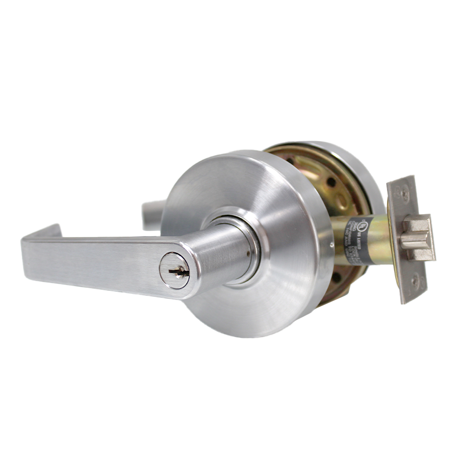 Grade 1, Electrified Storeroom Clutching Bent Lever, 24V, Electric Unlocked (EU), Request to Exit (REX), Schlage C Keyway, 626/US26D Satin Chrome